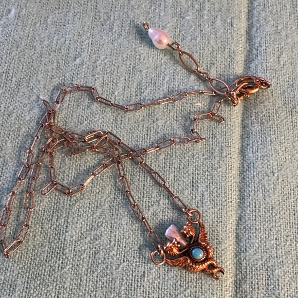 Antique Caduceus Necklace Turquoise Pearl Gold - Picture 5 of 7